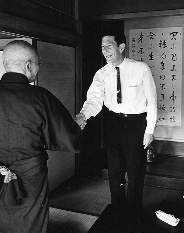 Left: John Cage visits Daisetsu Teitaro Suzuki, 1962. Right: David Tudor and John Cage, Ryoanji Temple, 1962